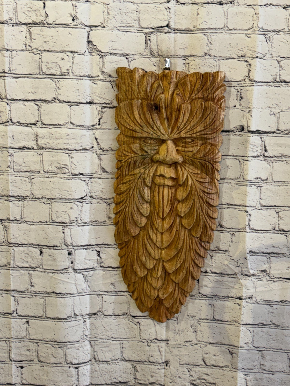 Green Man Of The Woods 60cm x 25cm Flat Carved Wizard Tree Trunk Wood Fairtrade2