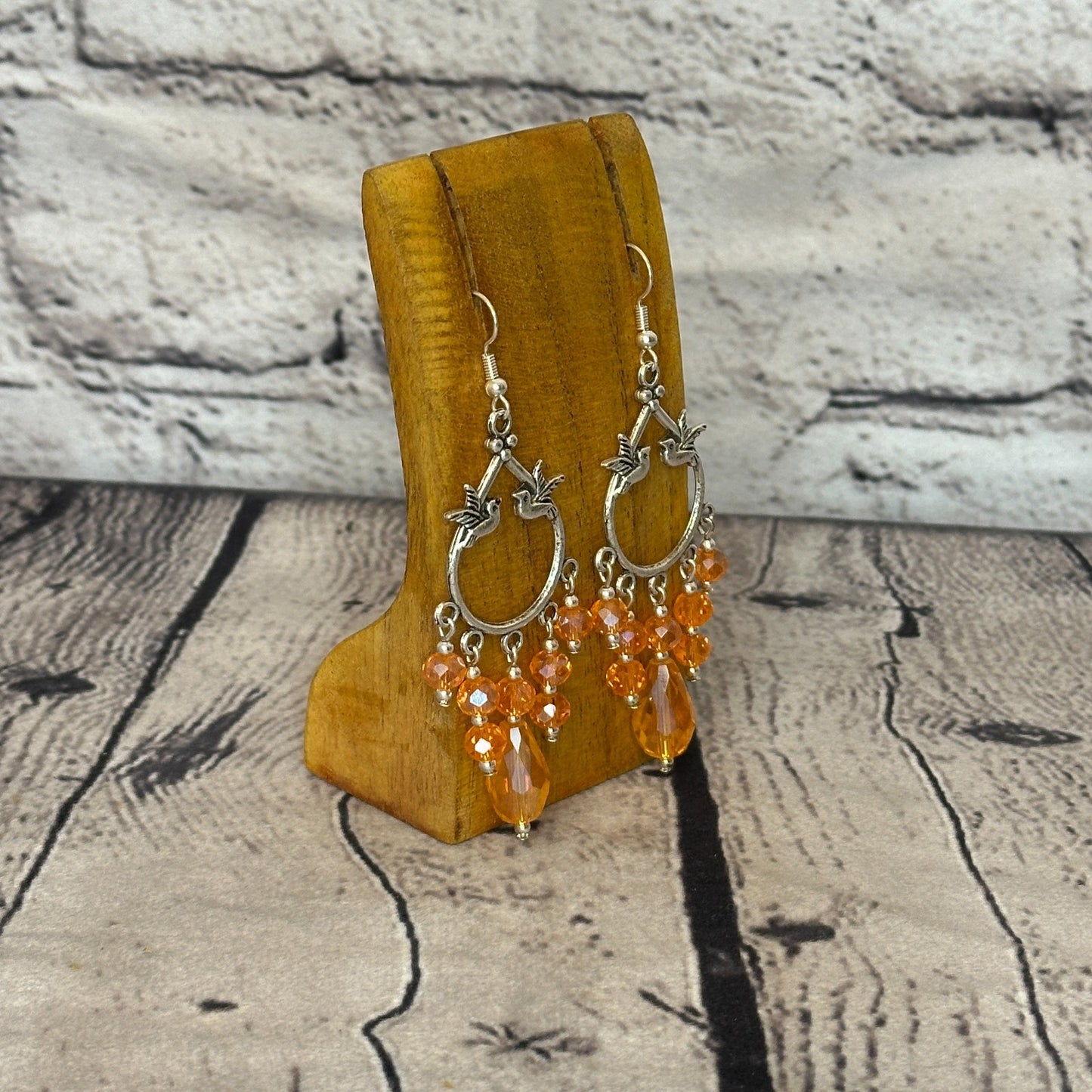 Orange Drop Crystal Bird Dangle Drop Earrings Handmade UK Jewellery2