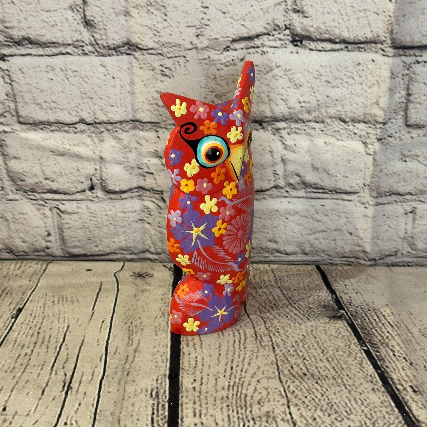 Red Medium Wooden Owl With Flower Pattern 15cm x 8cm Handmade and Fairtrade2
