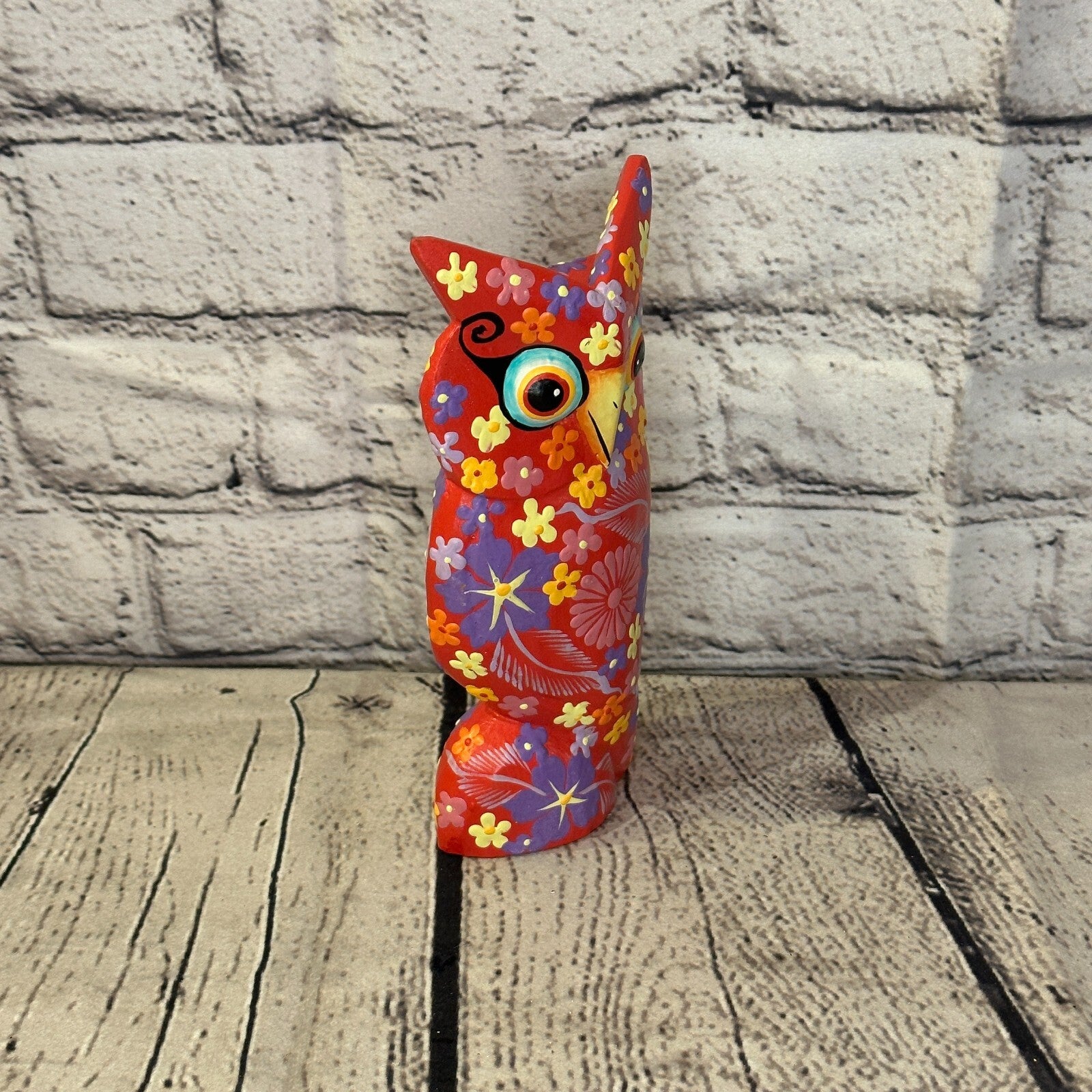 Red Medium Wooden Owl With Flower Pattern 15cm x 8cm Handmade and Fairtrade2