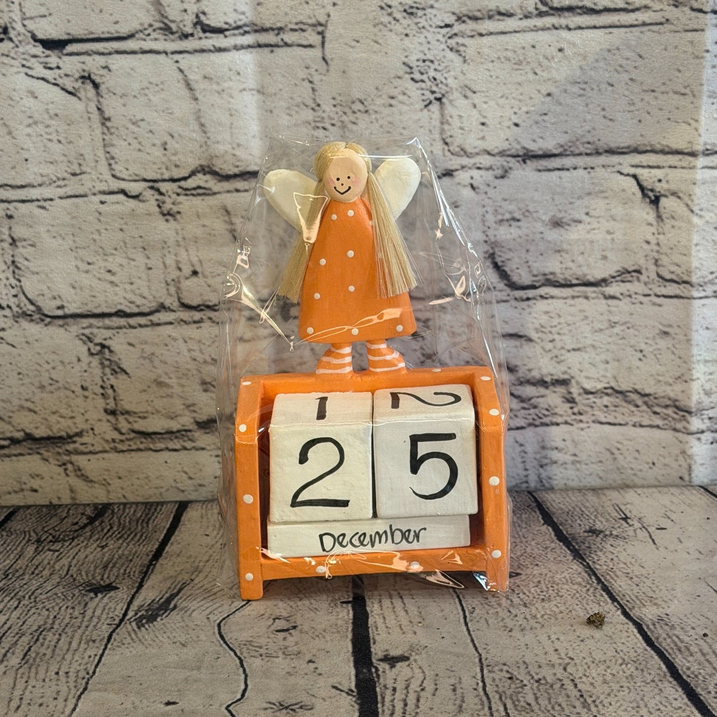 15cm Orange Hand Carved Painted Wooden Angel Block Calendar for Desk Display1