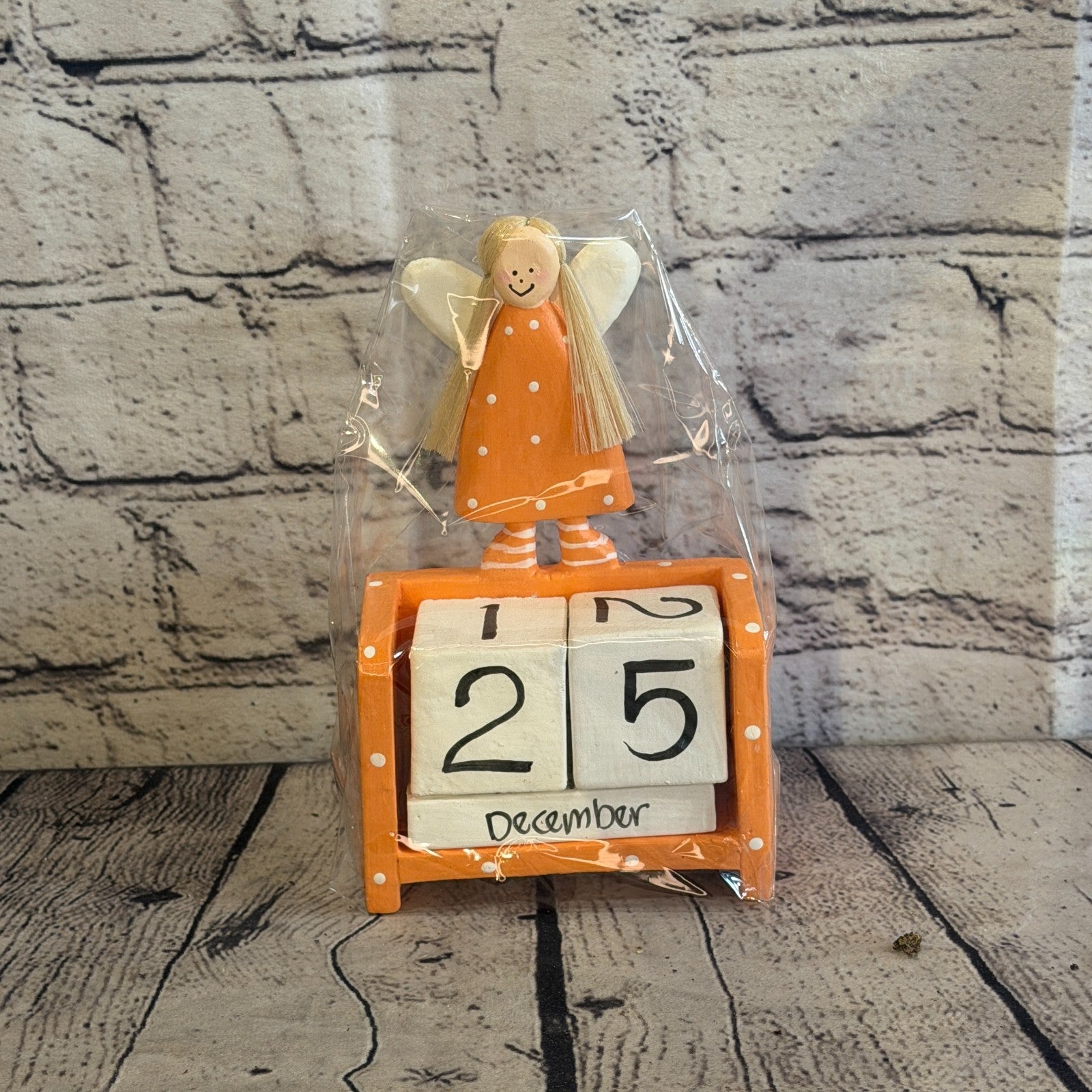 15cm Orange Hand Carved Painted Wooden Angel Block Calendar for Desk Display1