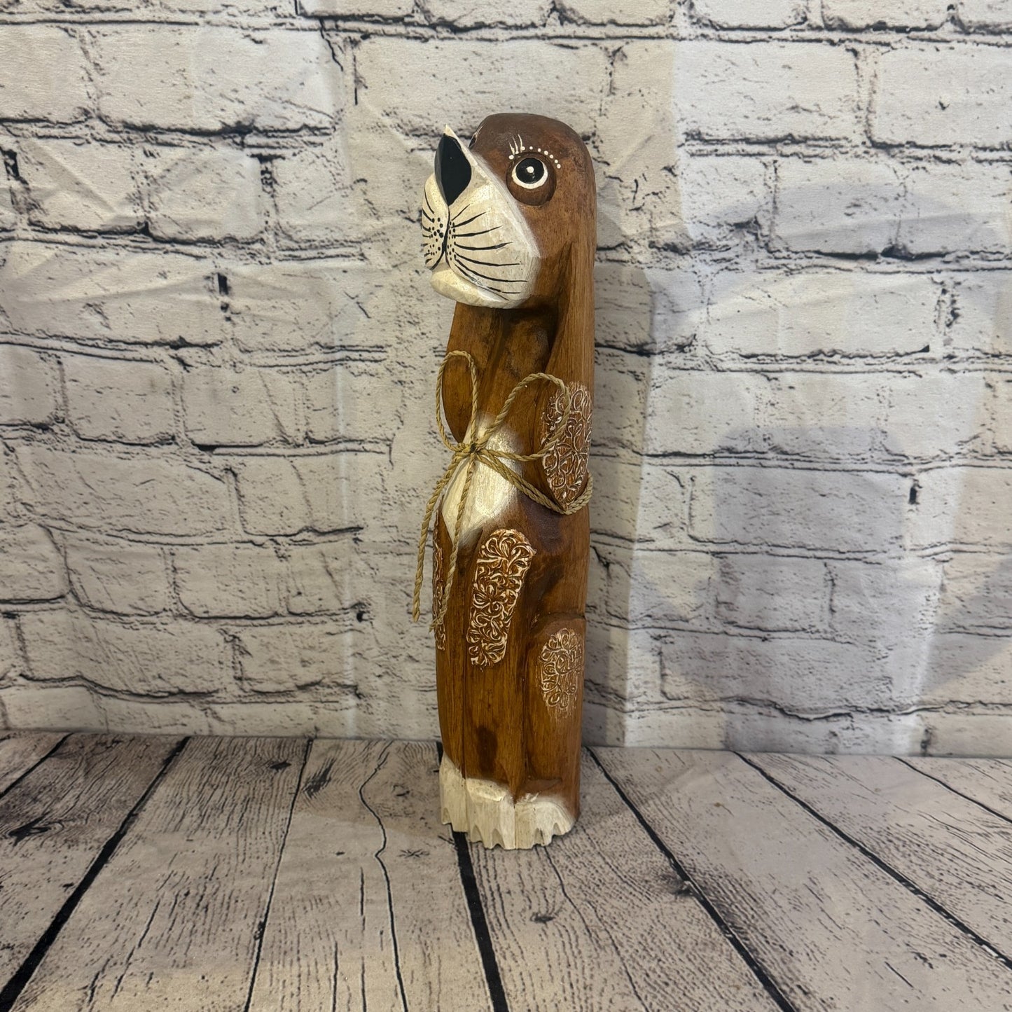 40cm Dark Brown Wooden Shabby Dog Statue Ornament Fair Trade Handcarved0