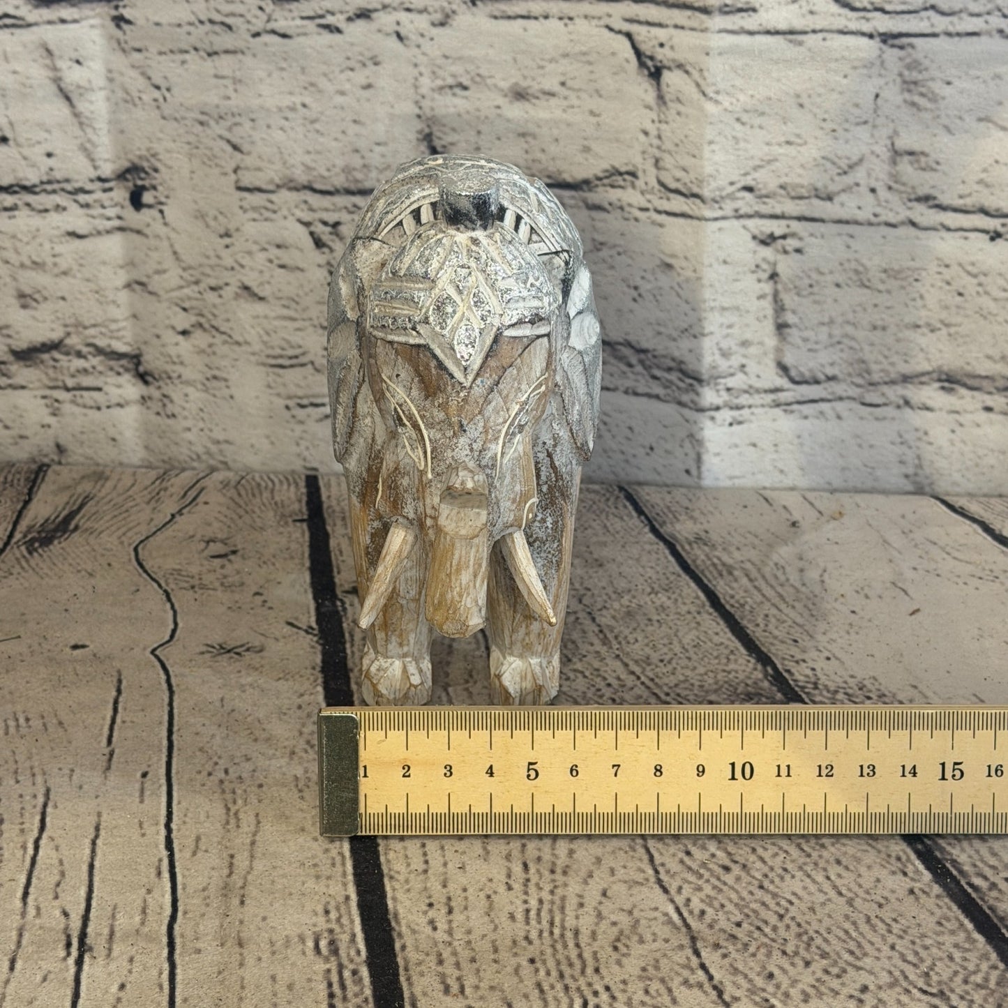 15cm x 15cm Brown Silver Wooden Standing Elephant Hand Carved & Painted8