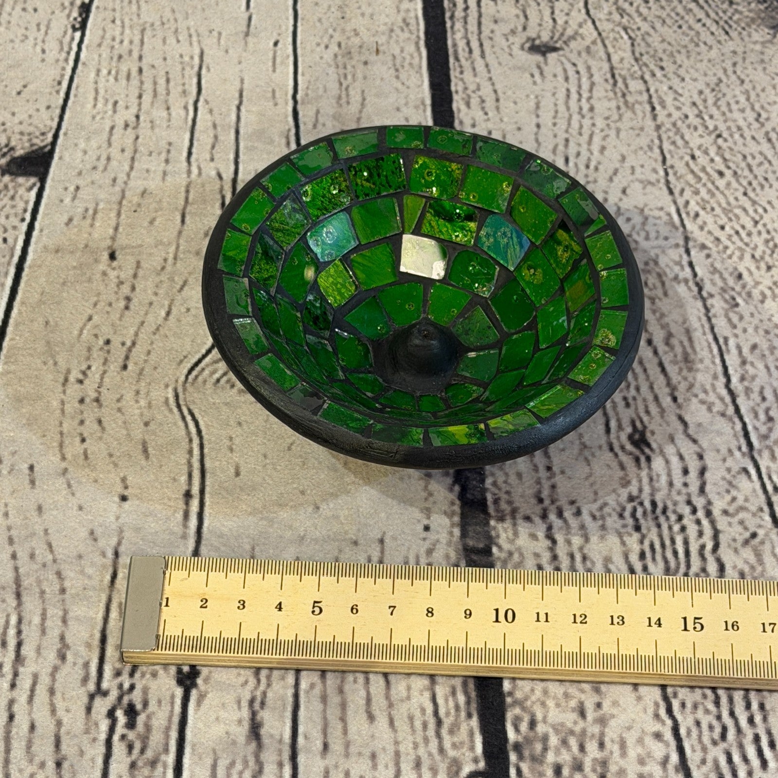 Green Small 12cm Round Mosaic Pottery Incense Holder Burner Detail2