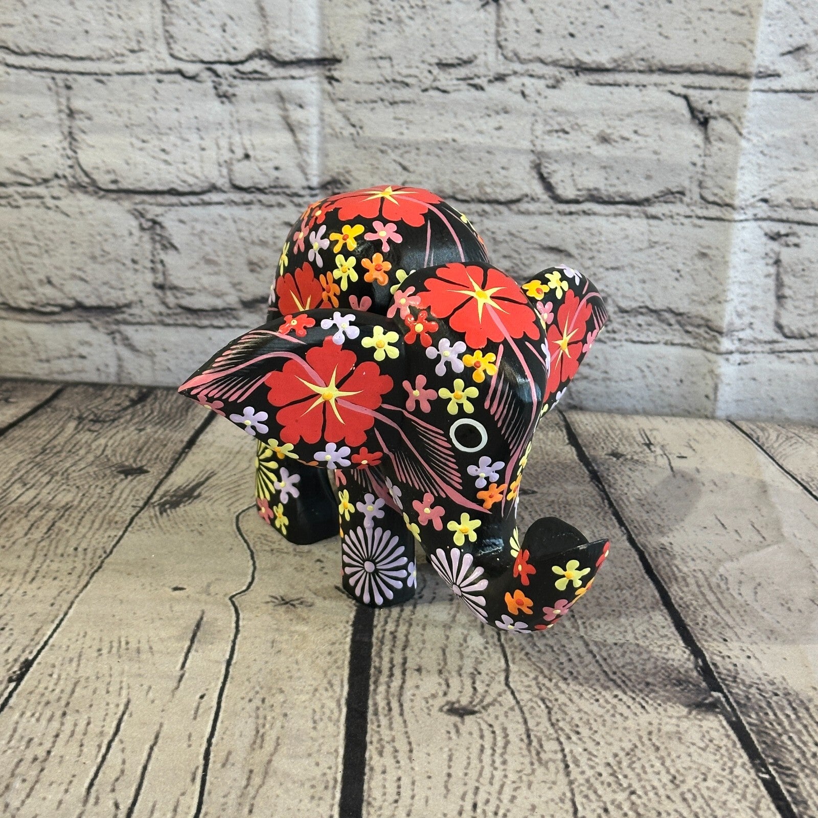 Black Wooden Elephant With Flower Pattern 15cm x 18cm Handmade and Fairtrade0