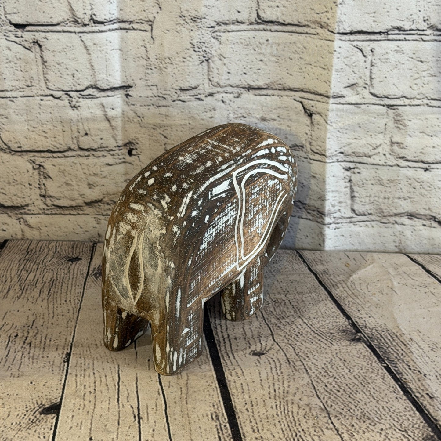 15cm x 20cm Brown Wood Wooden Standing Elephant Hand Carved Painted Statue4