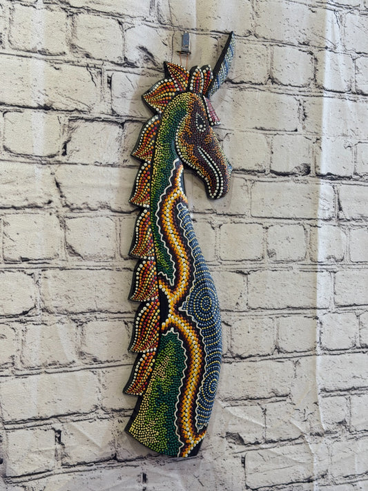 45cm Unicorn Carved Wooden Dot Painted Ethnic Tribal Tiki Wall Art No 30