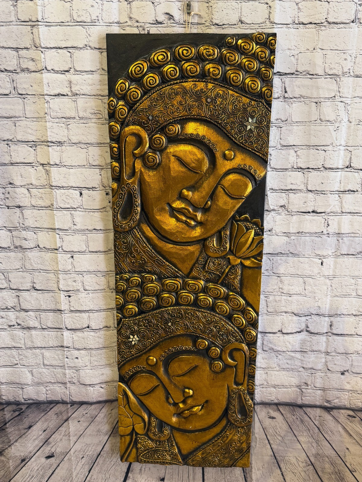 120cm x 40cm Gold Black 2 Buddha Wall Art Plaque Handcarved Wooden Wood Panel0