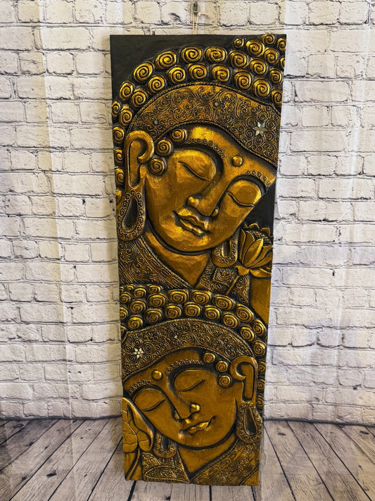 120cm x 40cm Gold Black 2 Buddha Wall Art Plaque Handcarved Wooden Wood Panel0