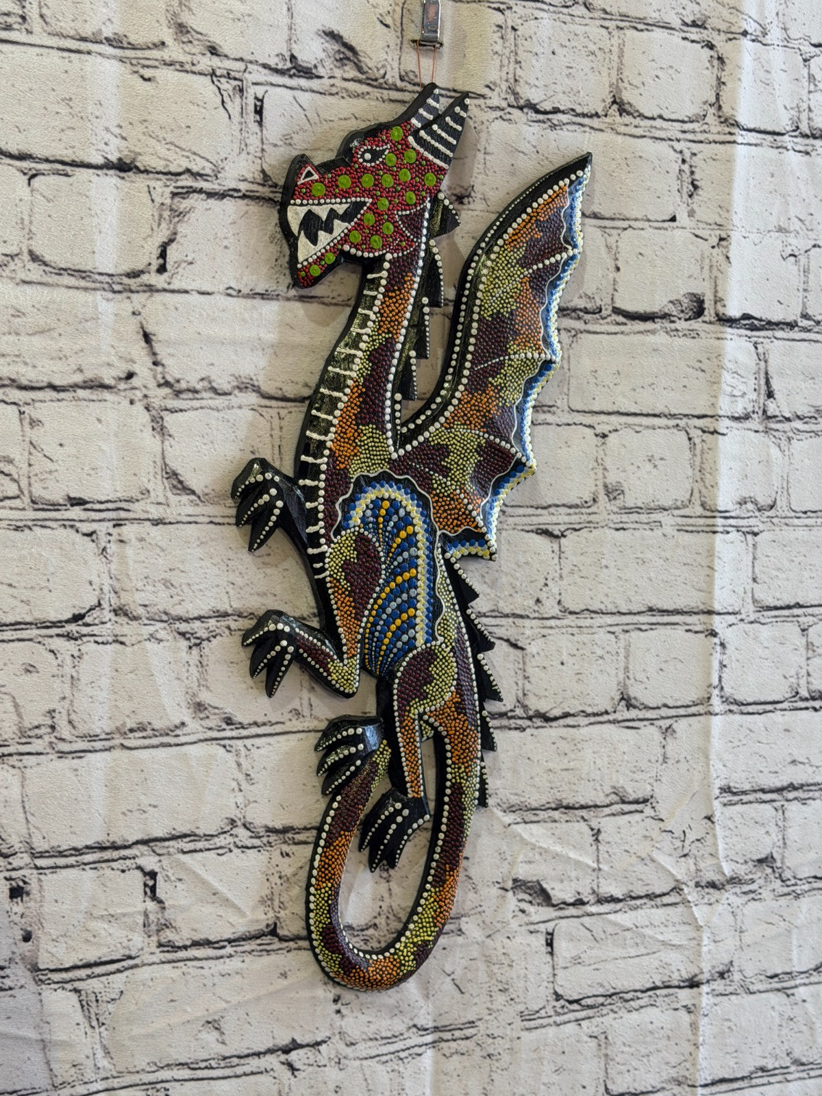 45cm Dragon Carved Wooden Dot Painted Ethnic Tribal Tiki Wall Art No 10