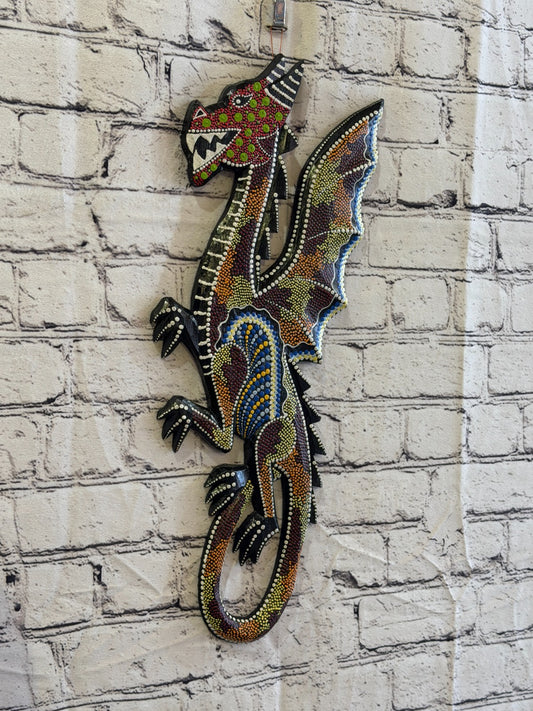 45cm Dragon Carved Wooden Dot Painted Ethnic Tribal Tiki Wall Art No 10