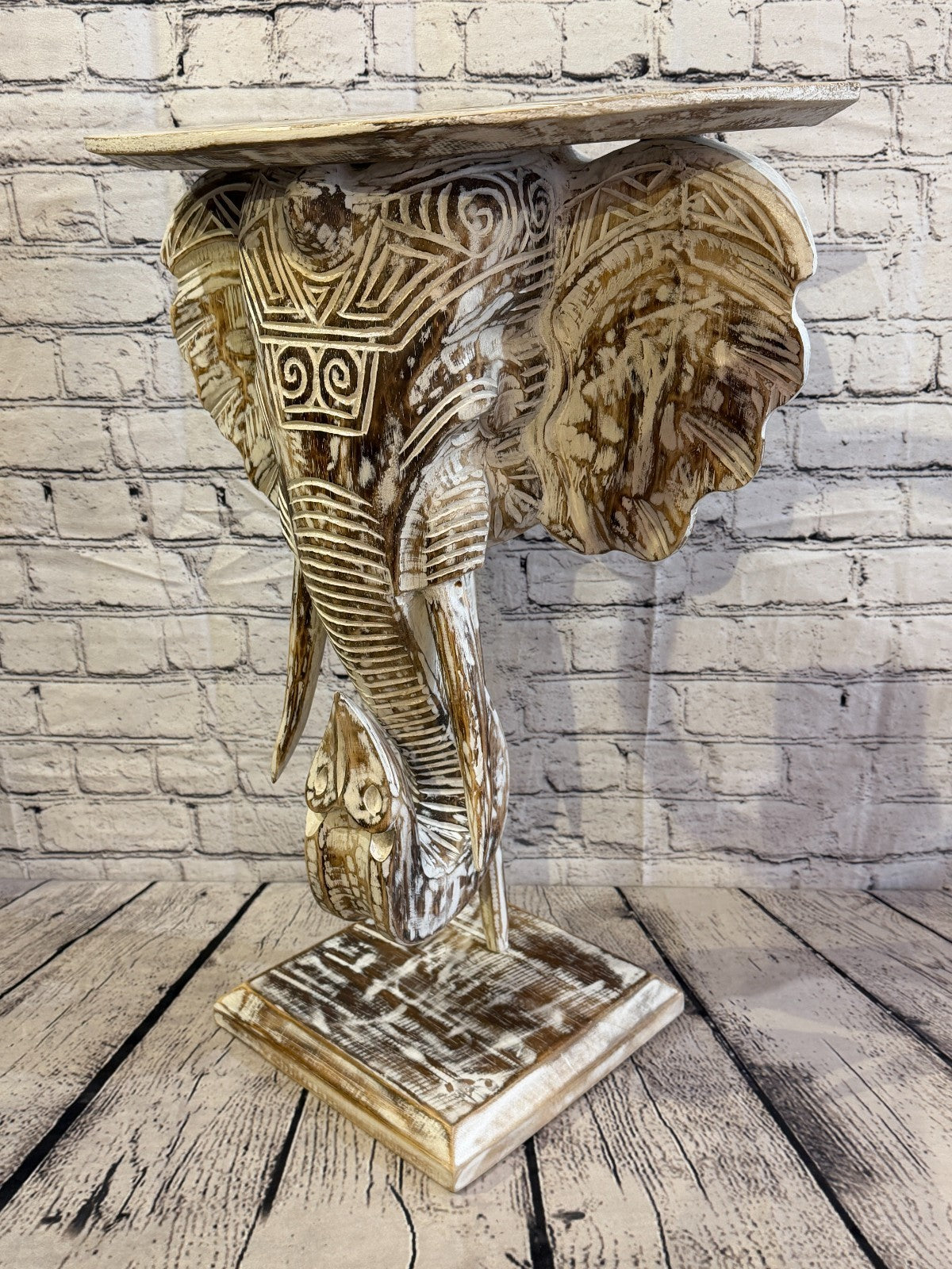 50cm x 45cm Brown Carved Wood Elephant Head Shelf Wall Mounted Art Large Shabby3