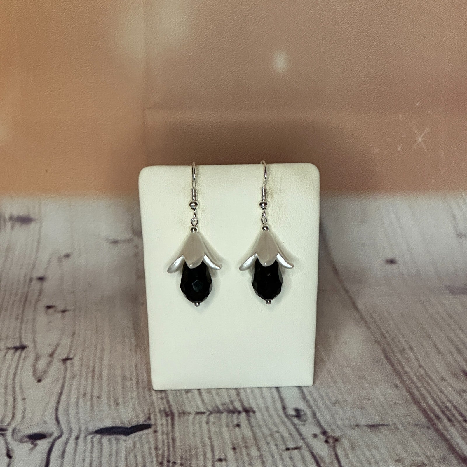Black Drop Crystal Lily Flower Dangle Drop Earrings Handmade UK Jewellery0
