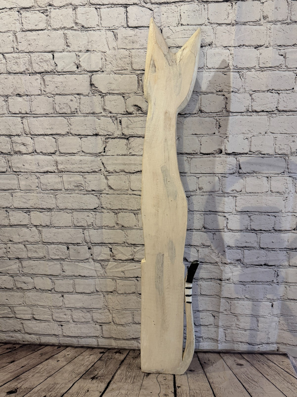 100cm White Flower Wooden Shabby Cat Statue Ornament Fair Trade Handcarved4