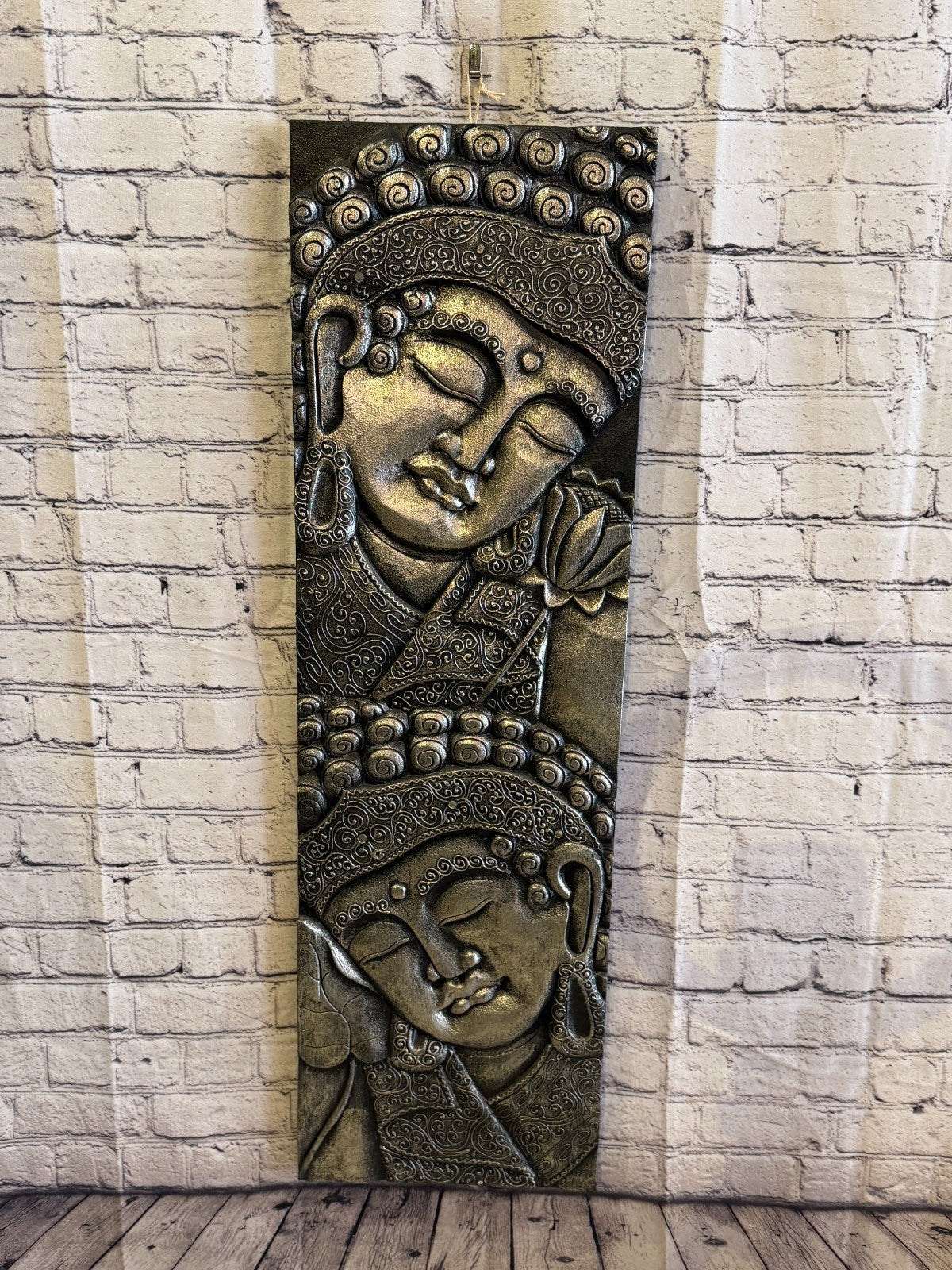 100cm x 30cm Silver Black 2 Buddha Wall Art Plaque Handcarved Wooden Wood Panel0