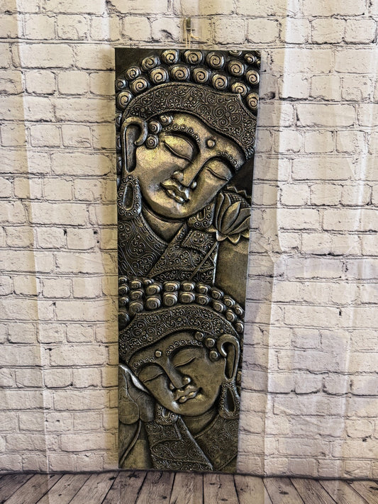 100cm x 30cm Silver Black 2 Buddha Wall Art Plaque Handcarved Wooden Wood Panel0