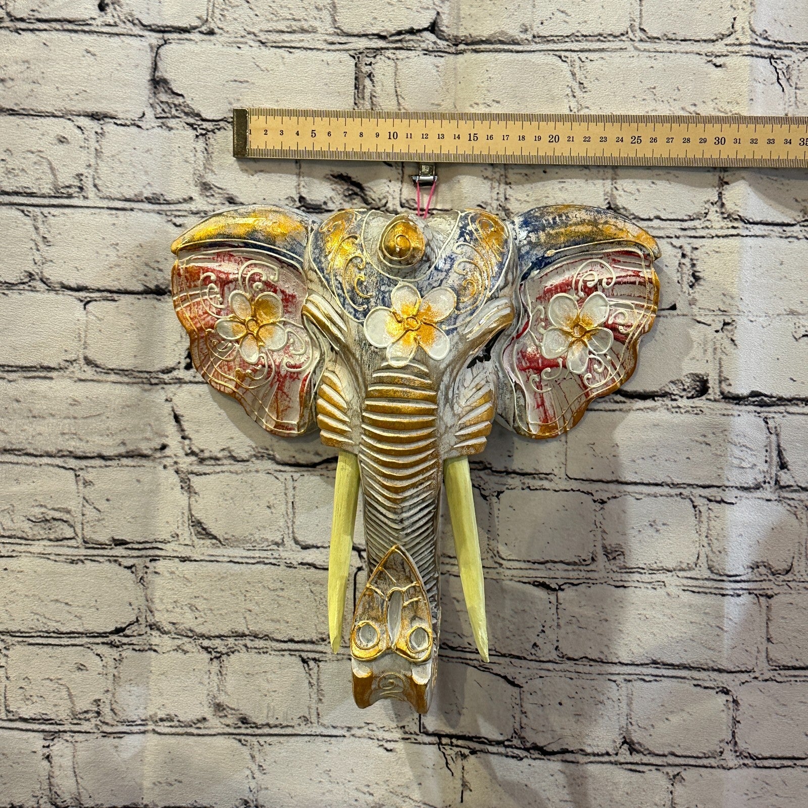 30cm x 30cm Pink Flower Painted Wood Elephant Head Wall Mounted Art Shabby3