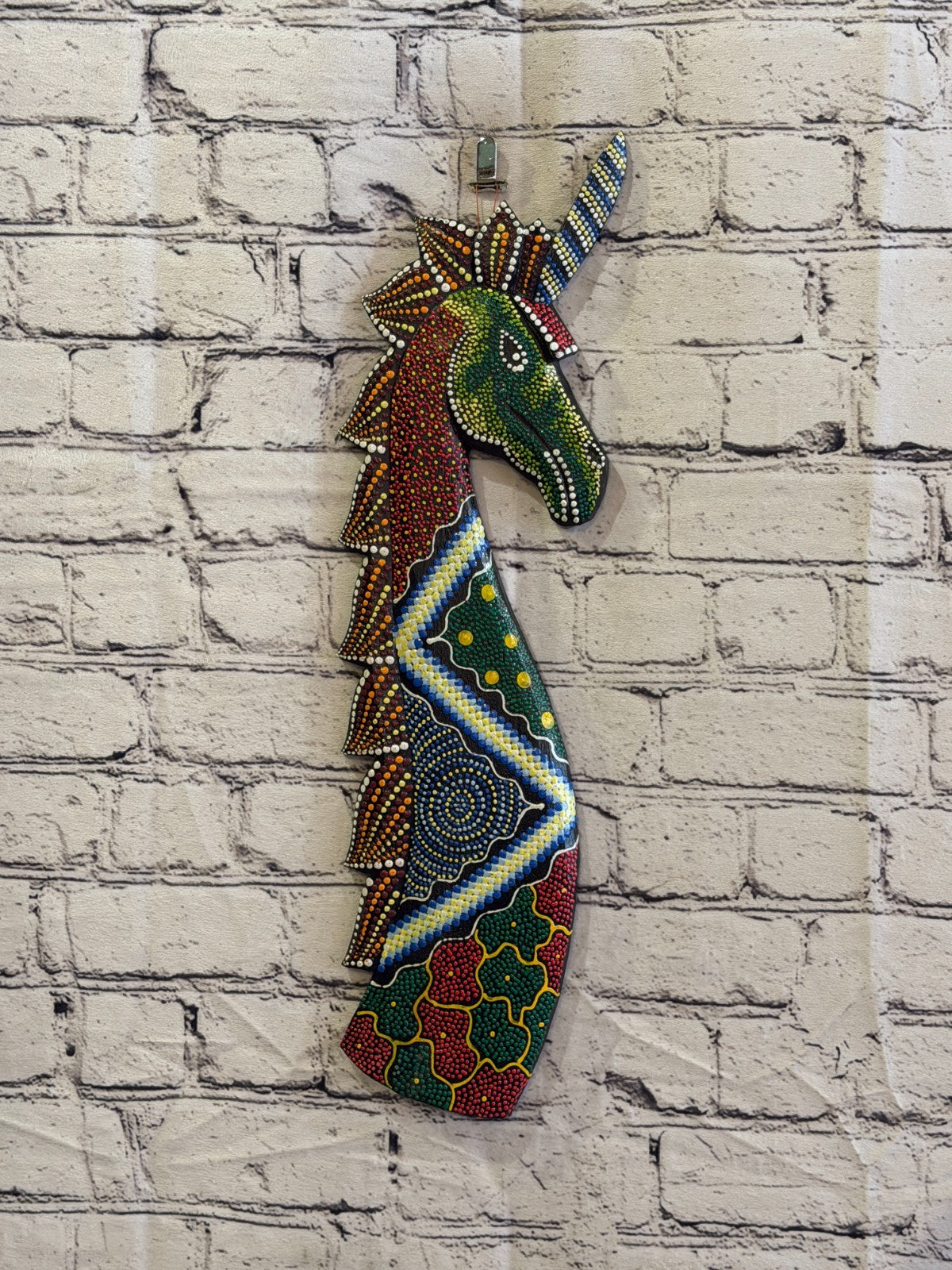 45cm Unicorn Carved Wooden Dot Painted Ethnic Tribal Tiki Wall Art No 12