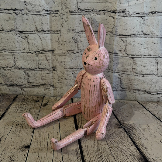 30cm Pink Bunny Rabbit Sitting Animal, Wooden Shelf Ornament Handmade Fairtrade0