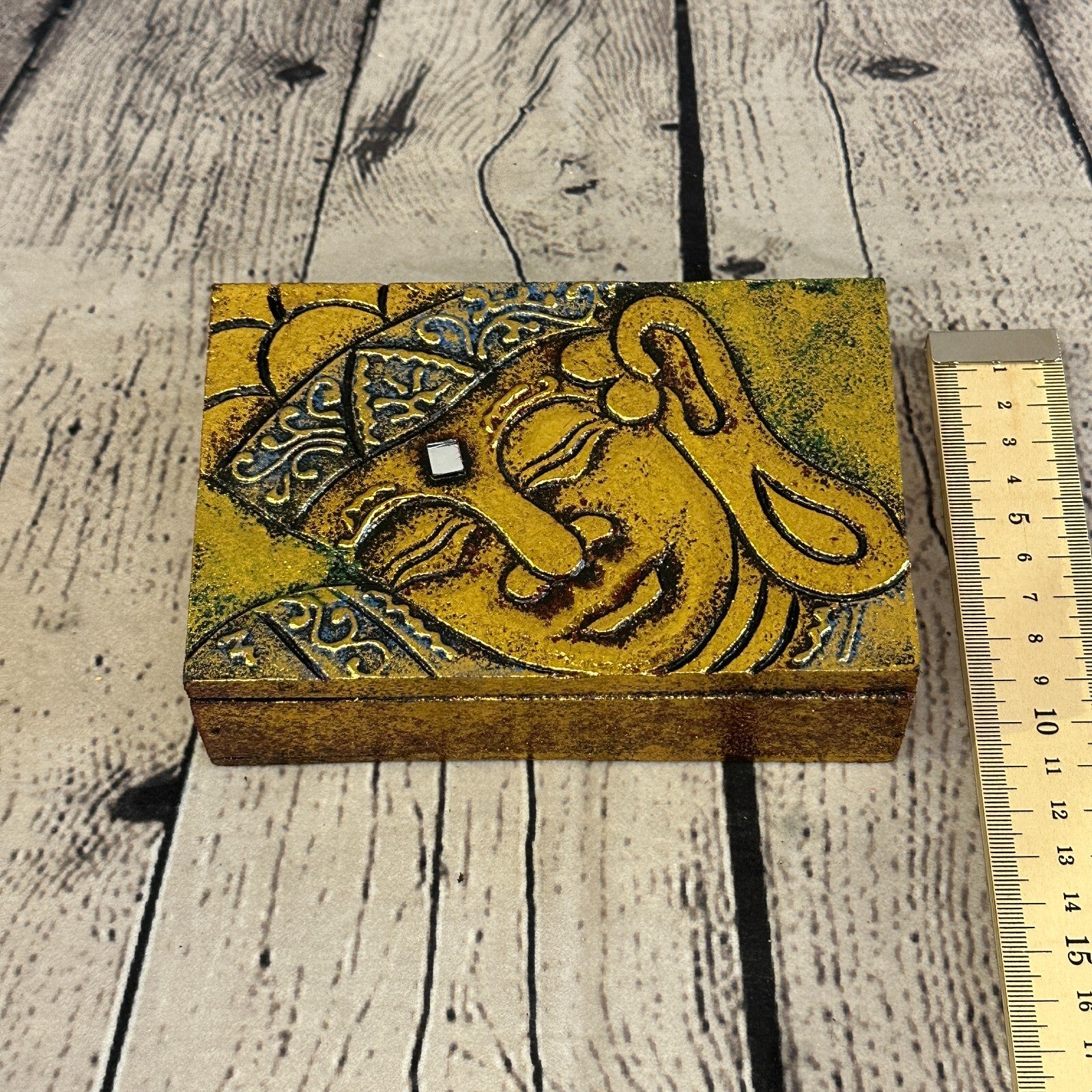 Bright Gold Thai Side Buddha Head 10cm x 15cm x 4cm Wooden Box Trinket Handmade4
