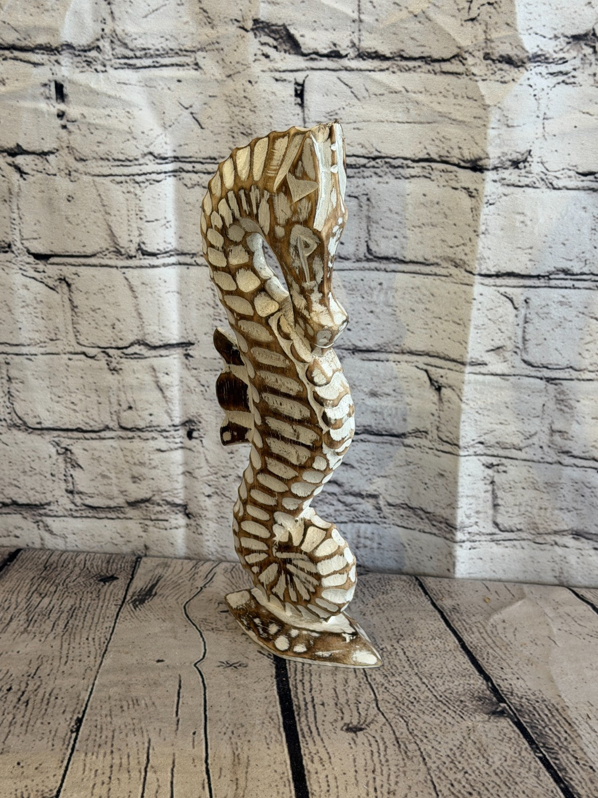 30cm Brown Wooden Shabby Seahorse Statue Ornament Fair Trade Handcarved2