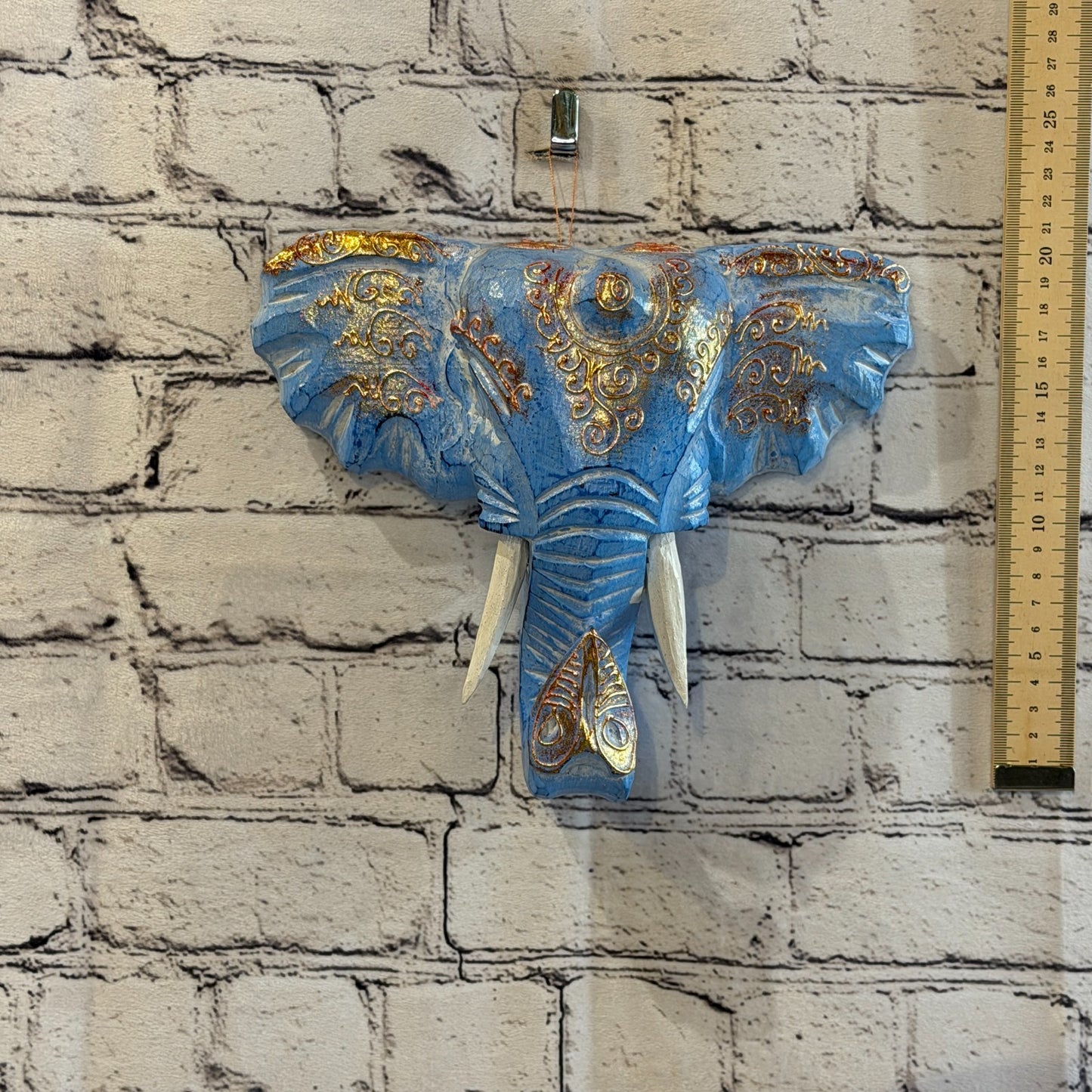 20cm x 20cm Blue Gold Painted Wood Elephant Head Wall Mounted Art Shabby4