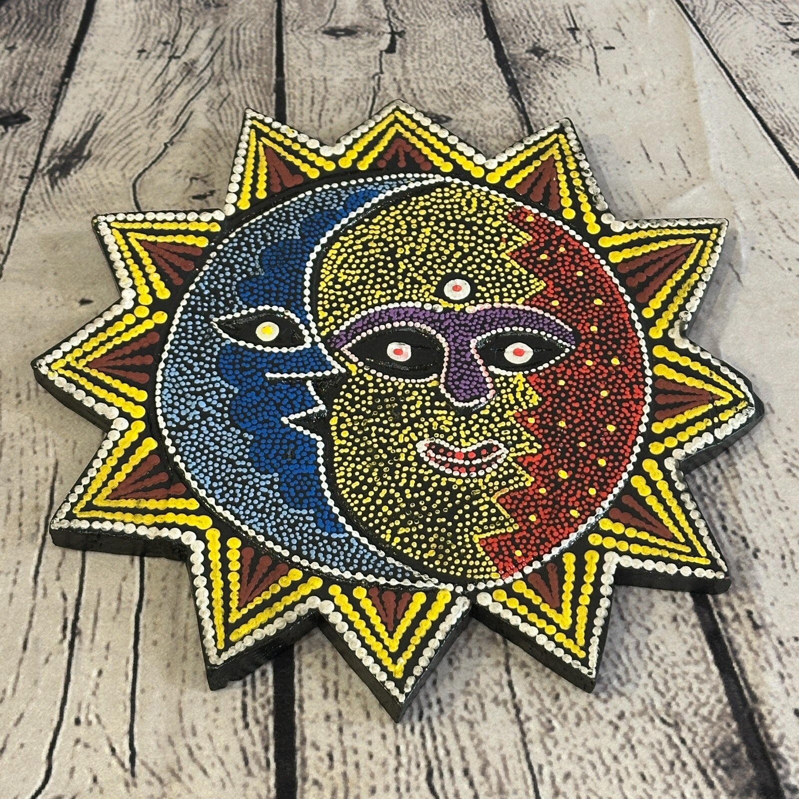 25cm Sun & Moon Carved Wooden Dot Painted Ethnic Tribal Tiki Wall Handmade No 35