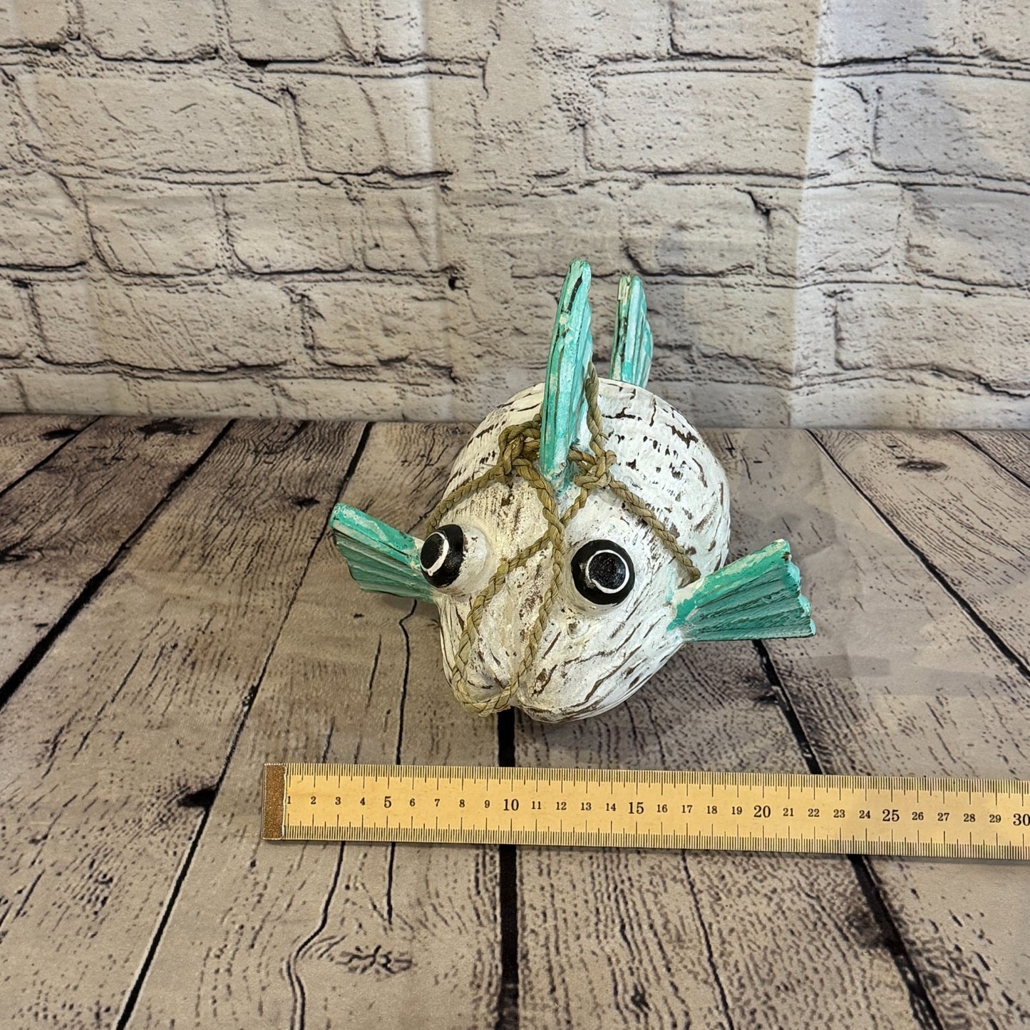 White Green Fins Folk Art Painted Puffer Fish Coconut Shell Ornaments Hanging7