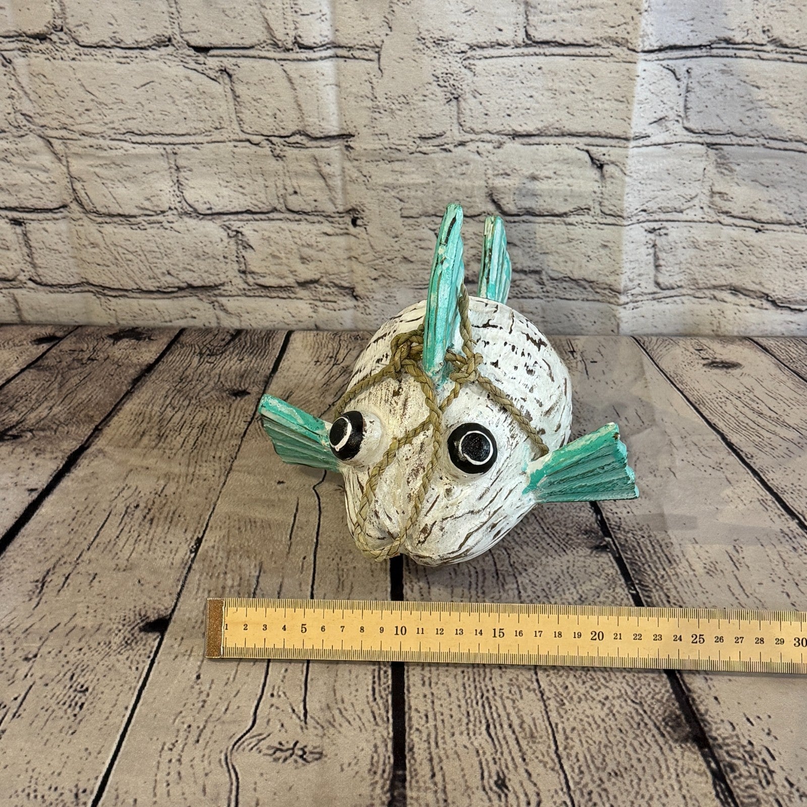 White Green Fins Folk Art Painted Puffer Fish Coconut Shell Ornaments Hanging7