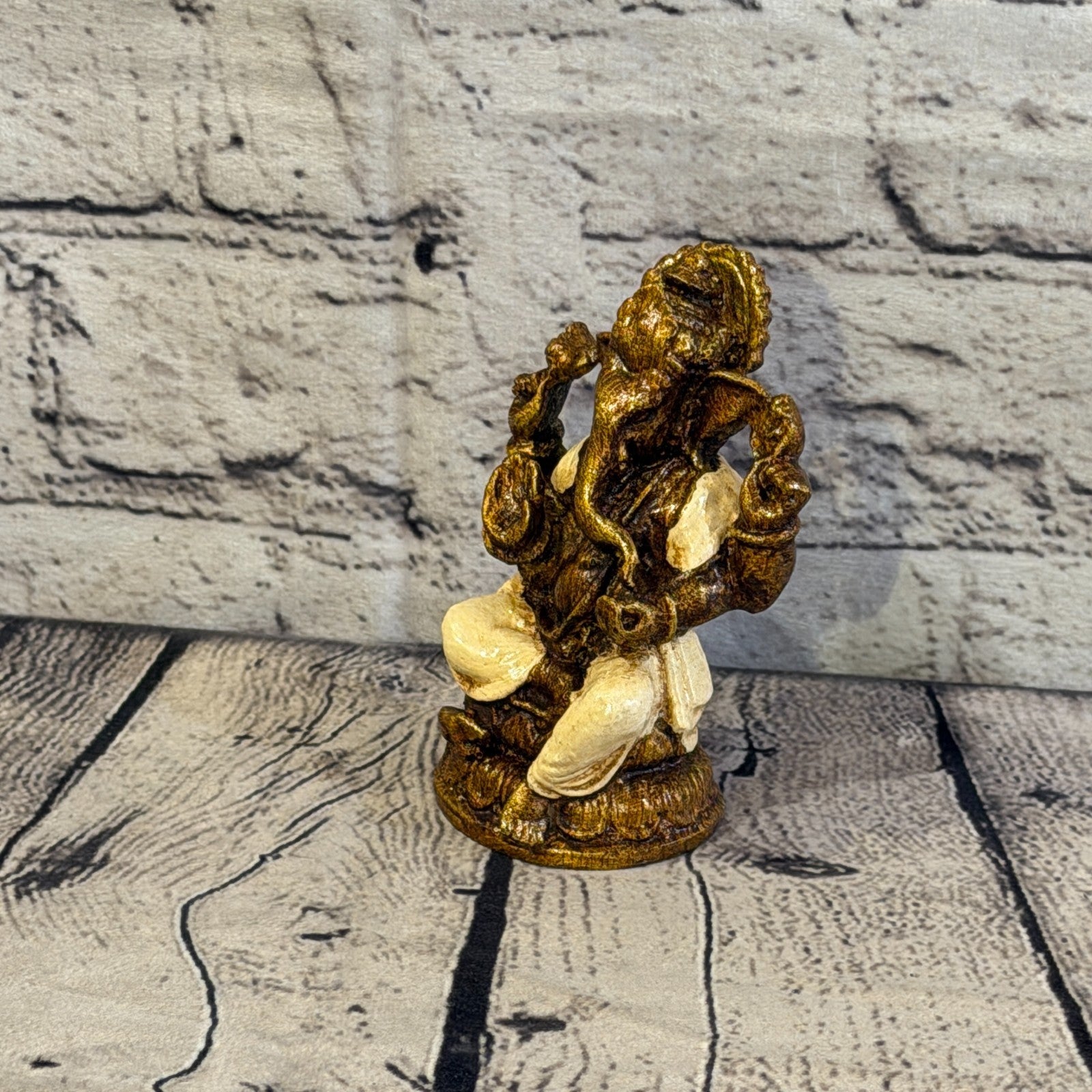 Cream & Bronze 12cm Small Ganesh Ganesa Sitting On Lotus Statue Resin Hindu0