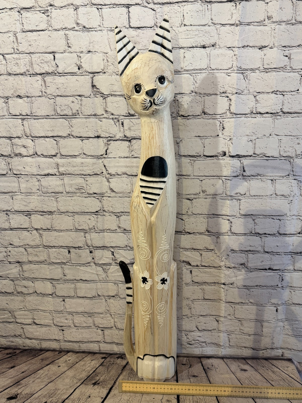 100cm White Flower Wooden Shabby Cat Statue Ornament Fair Trade Handcarved6