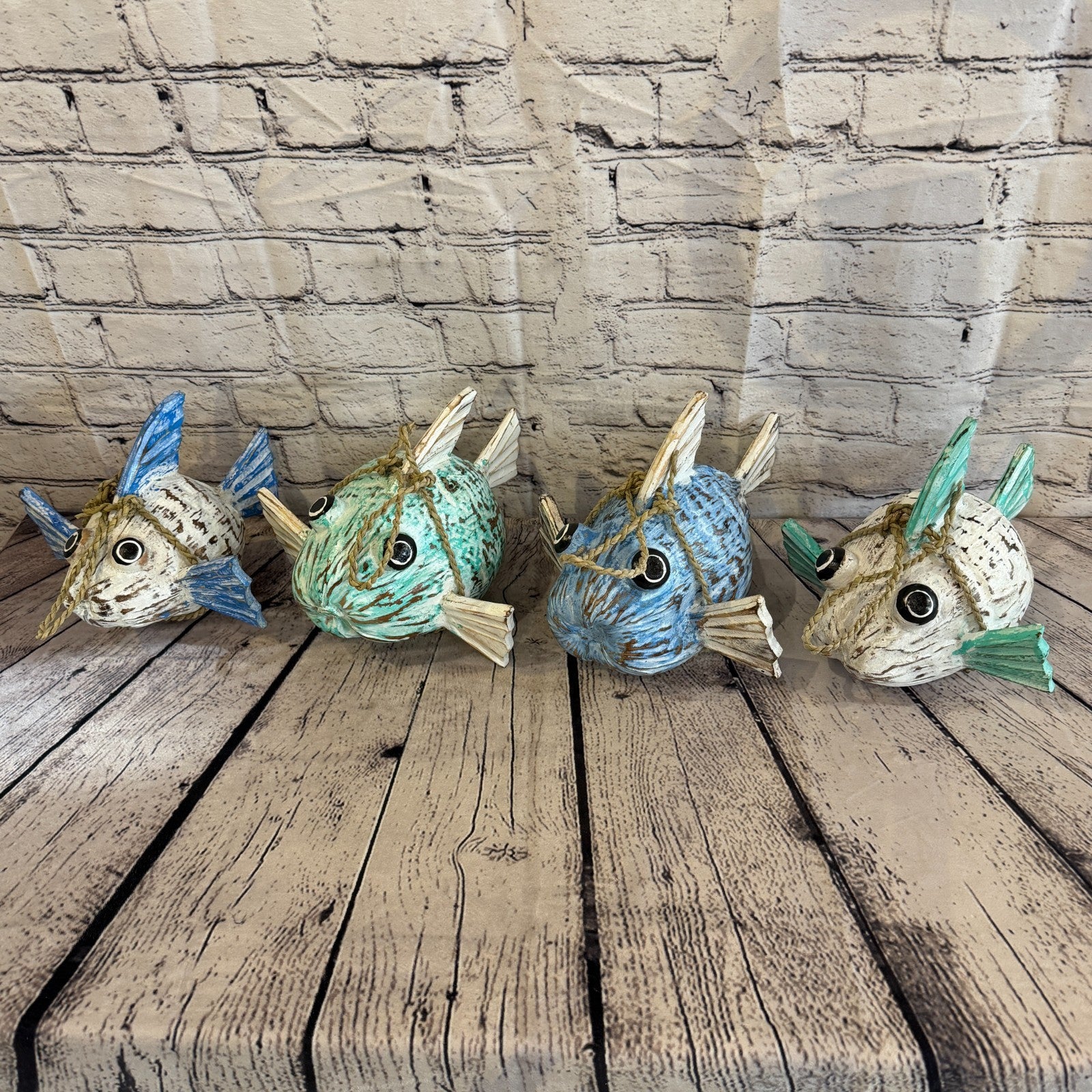 White Blue Fins Folk Art Painted Puffer Fish Coconut Shell Ornaments Hanging10
