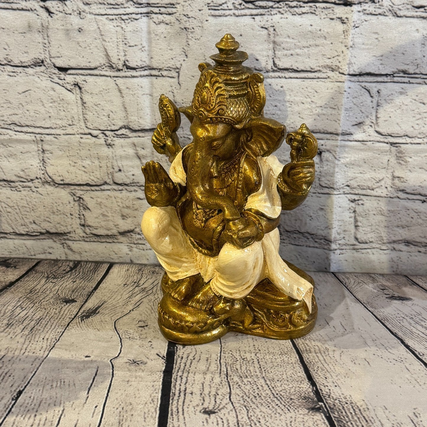 Cream & Bronze 25cm Large Ganesh Ganesa Sitting On Lotus Statue Resin Hindu1
