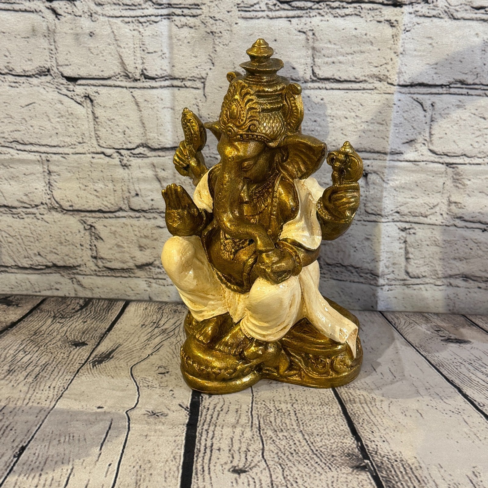 Cream & Bronze 25cm Large Ganesh Ganesa Sitting On Lotus Statue Resin Hindu1