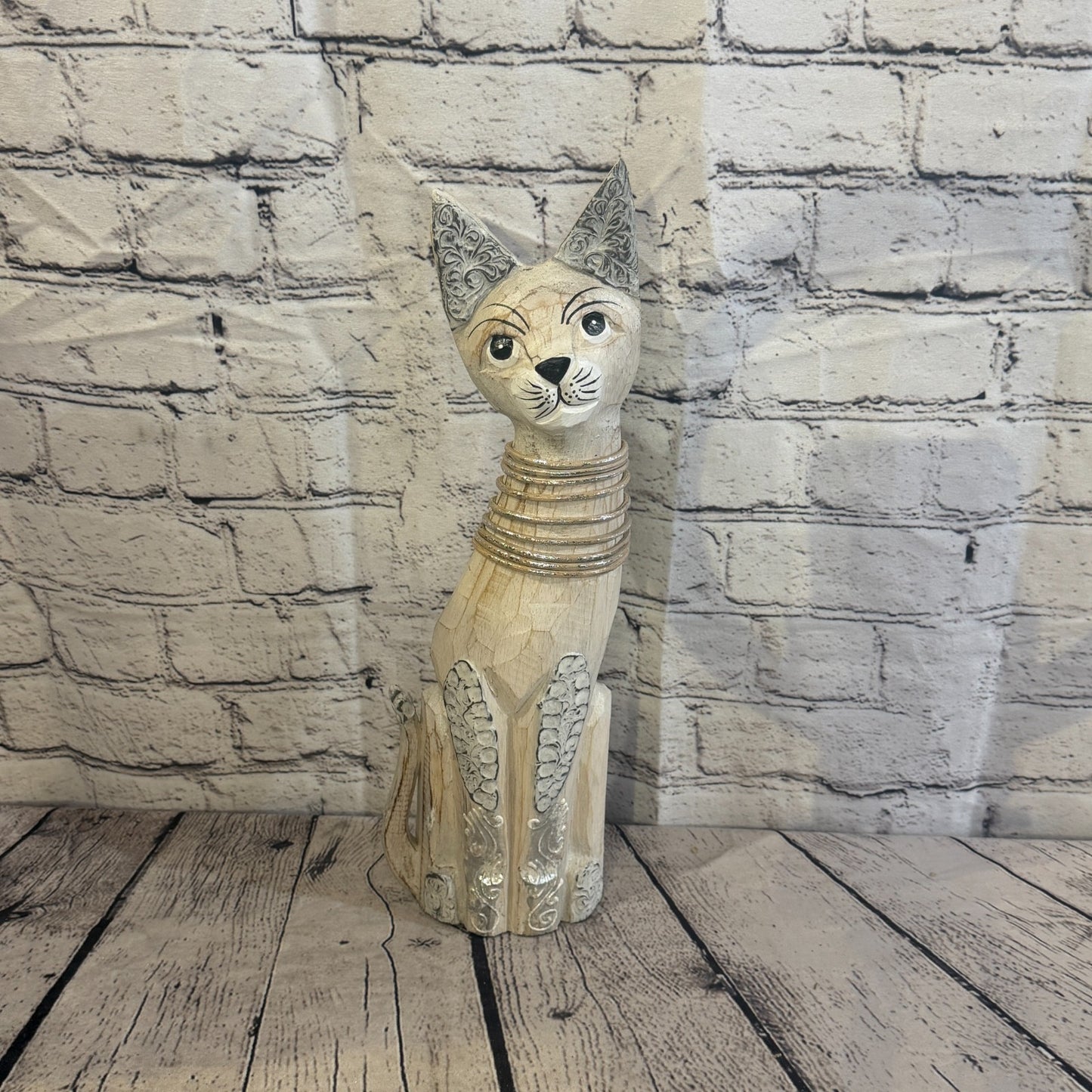 40cm White Silver Dots Wooden Shabby Cat Statue Ornament Fair Trade Handcarved0