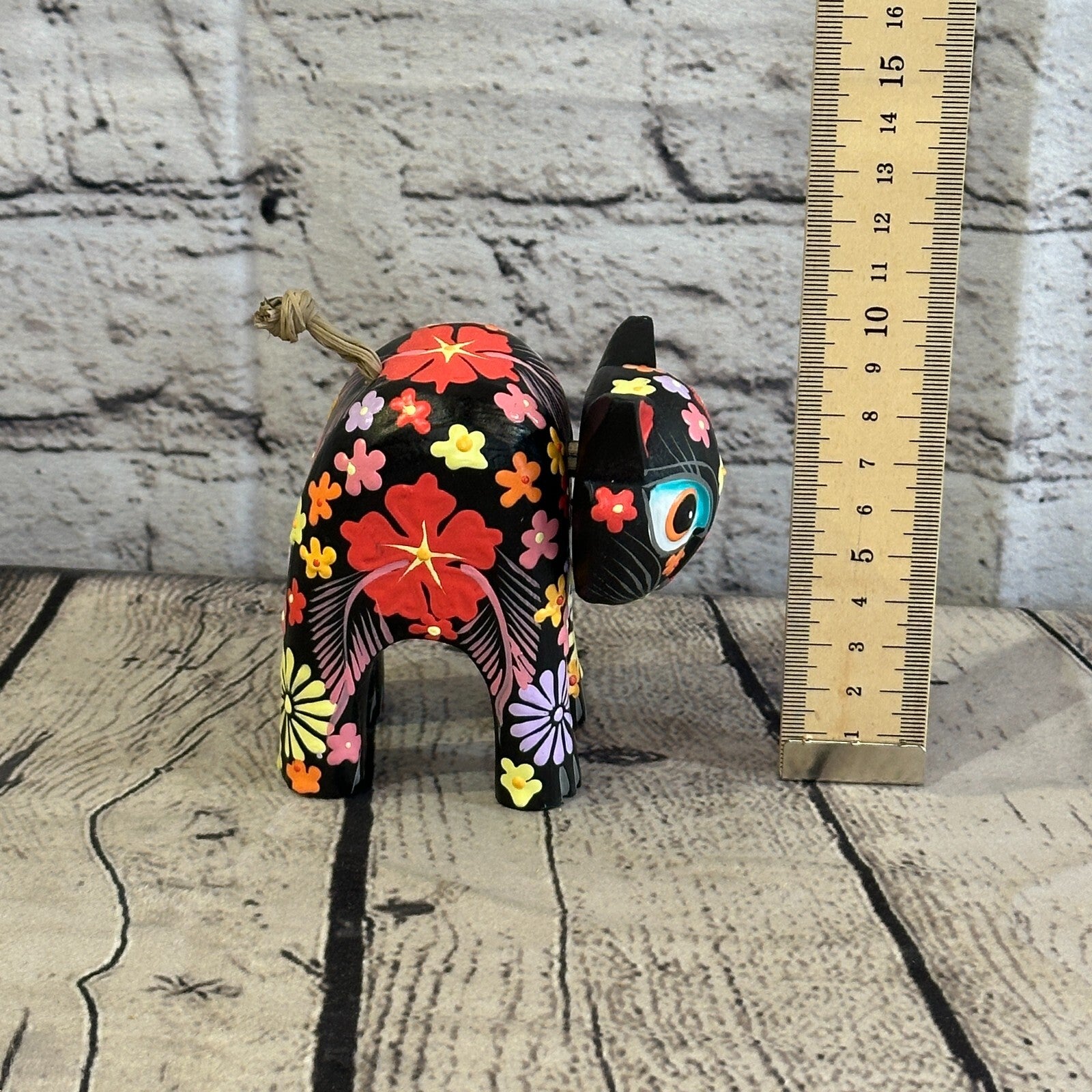 Black Small Wooden Cat With Flower Pattern 10cm x 8cm Handmade and Fairtrade6