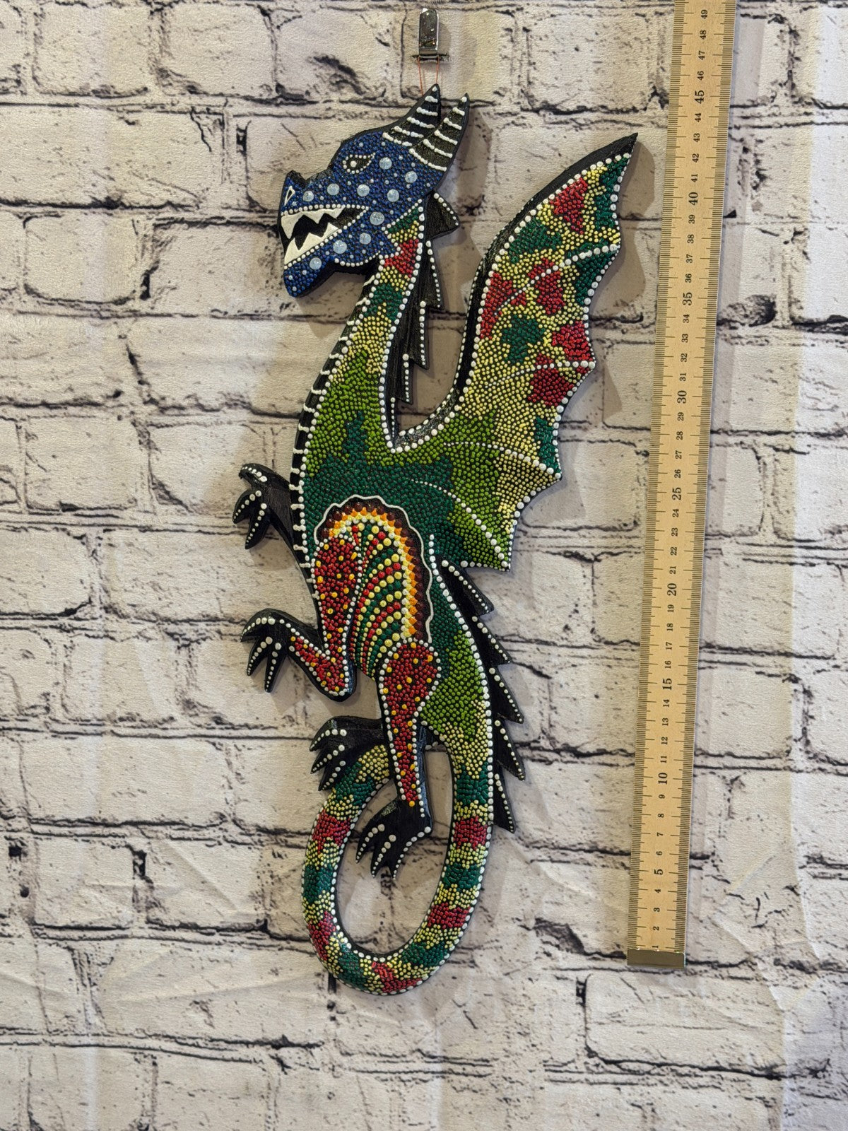 45cm Dragon Carved Wooden Dot Painted Ethnic Tribal Tiki Wall Art No 34