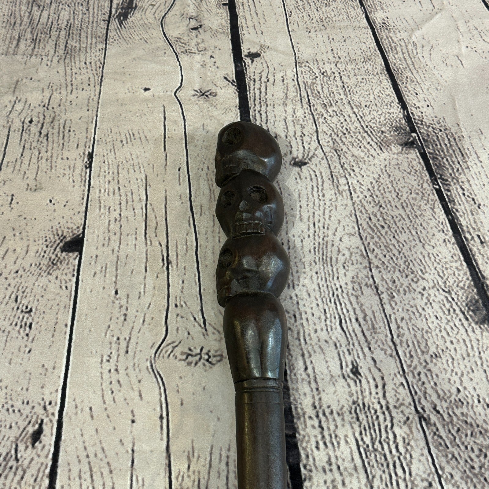 Pillar Three Skulls 90cm Tribal African Walking Stick Cane Hand Carved Dark Wood5
