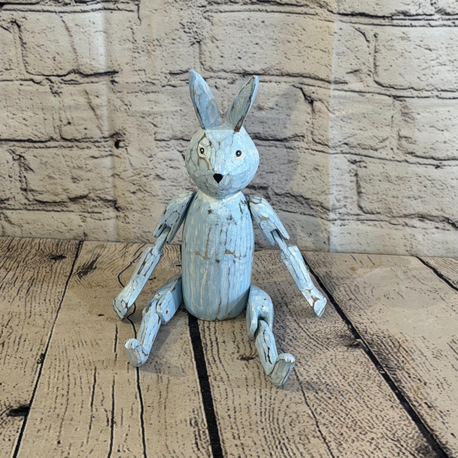 20cm Blue Bunny Rabbit Sitting Animal, Wooden Shelf Ornament Handmade Fairtrade1