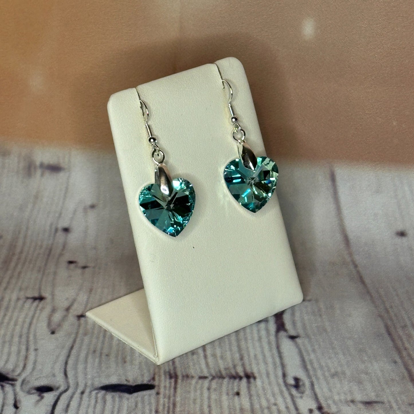 Light Blue Crystal Heart Shaped Dangle Drop Earrings Handmade UK Jewellery2