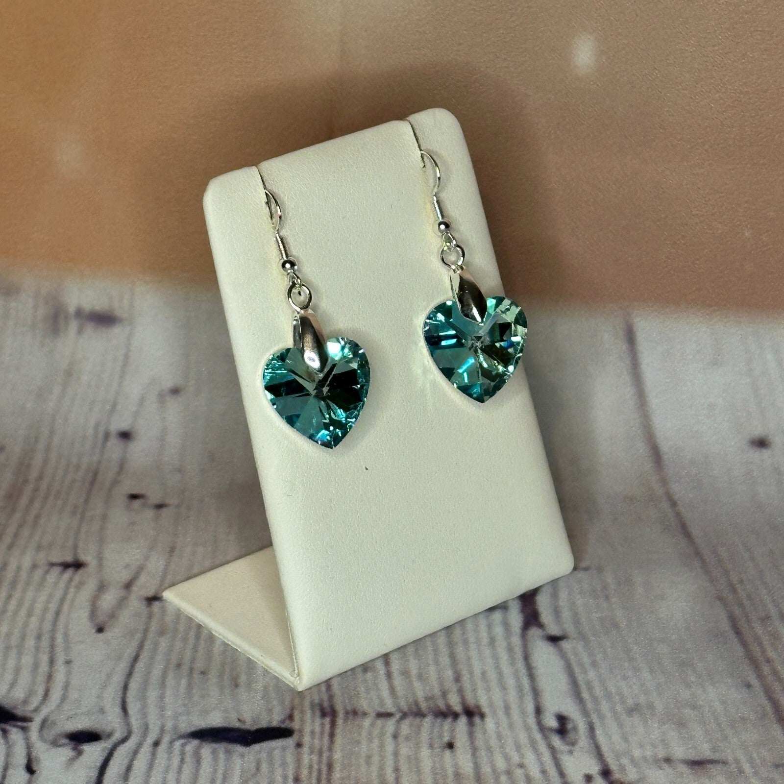 Light Blue Crystal Heart Shaped Dangle Drop Earrings Handmade UK Jewellery2