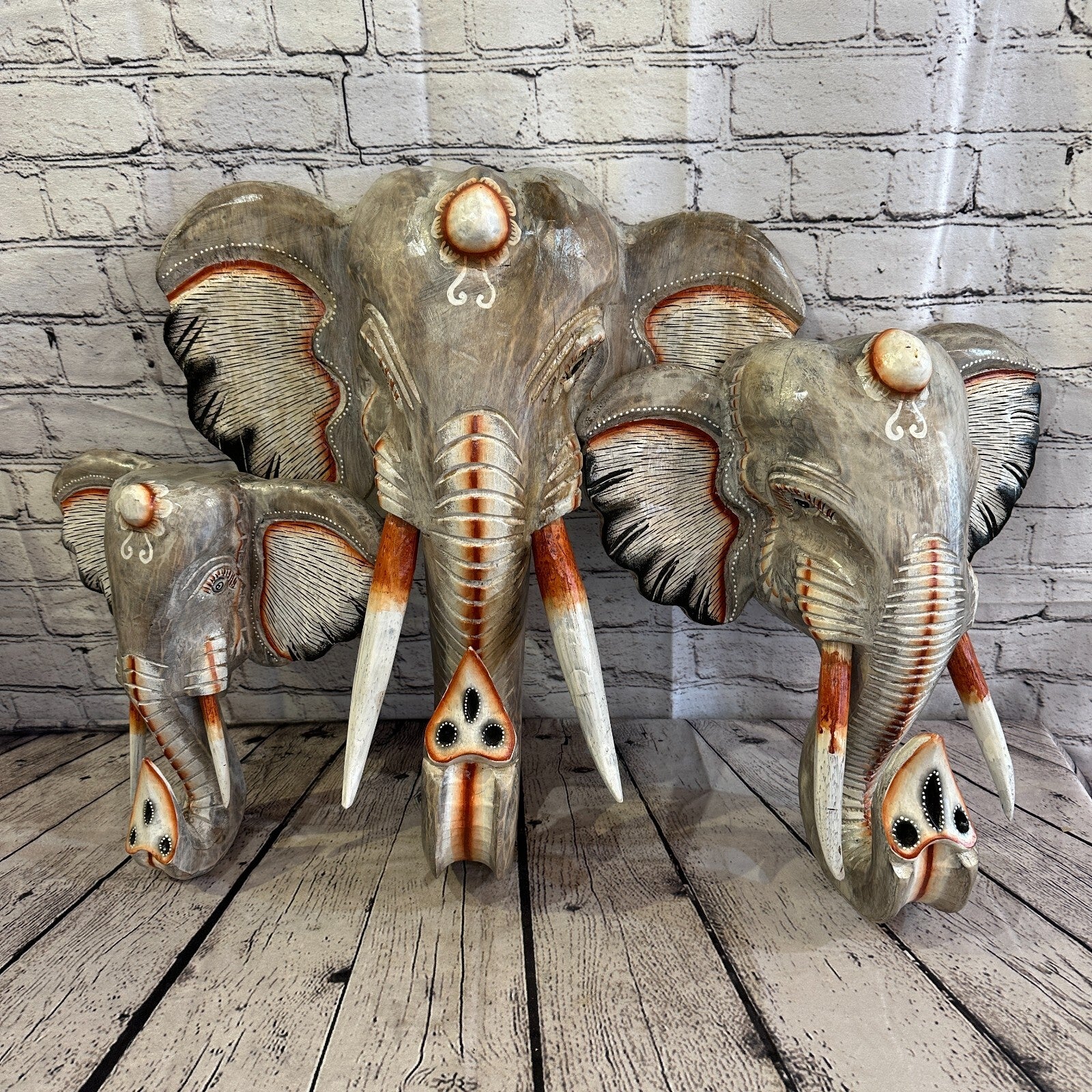 30cm x 30cm Grey Painted Wood Elephant Head Wall Mounted Art Large Shabby7