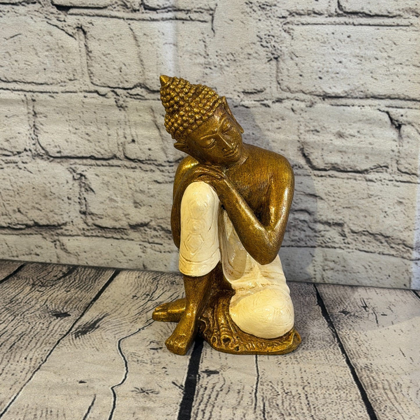 Cream & Bronze 20cm x 10cm Thai Kneeling Buddha Sitting  Statue Resin Hindu1