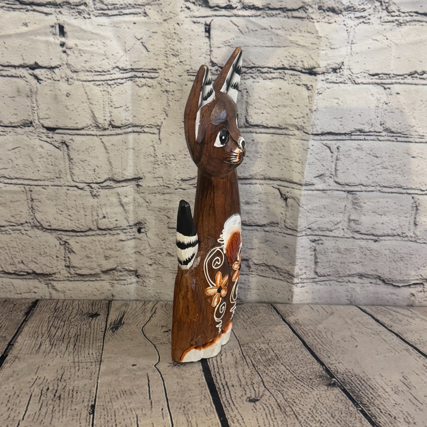 30cm Brown Flower Wooden Shabby Cat Statue Ornament Fair Trade Handcarved2