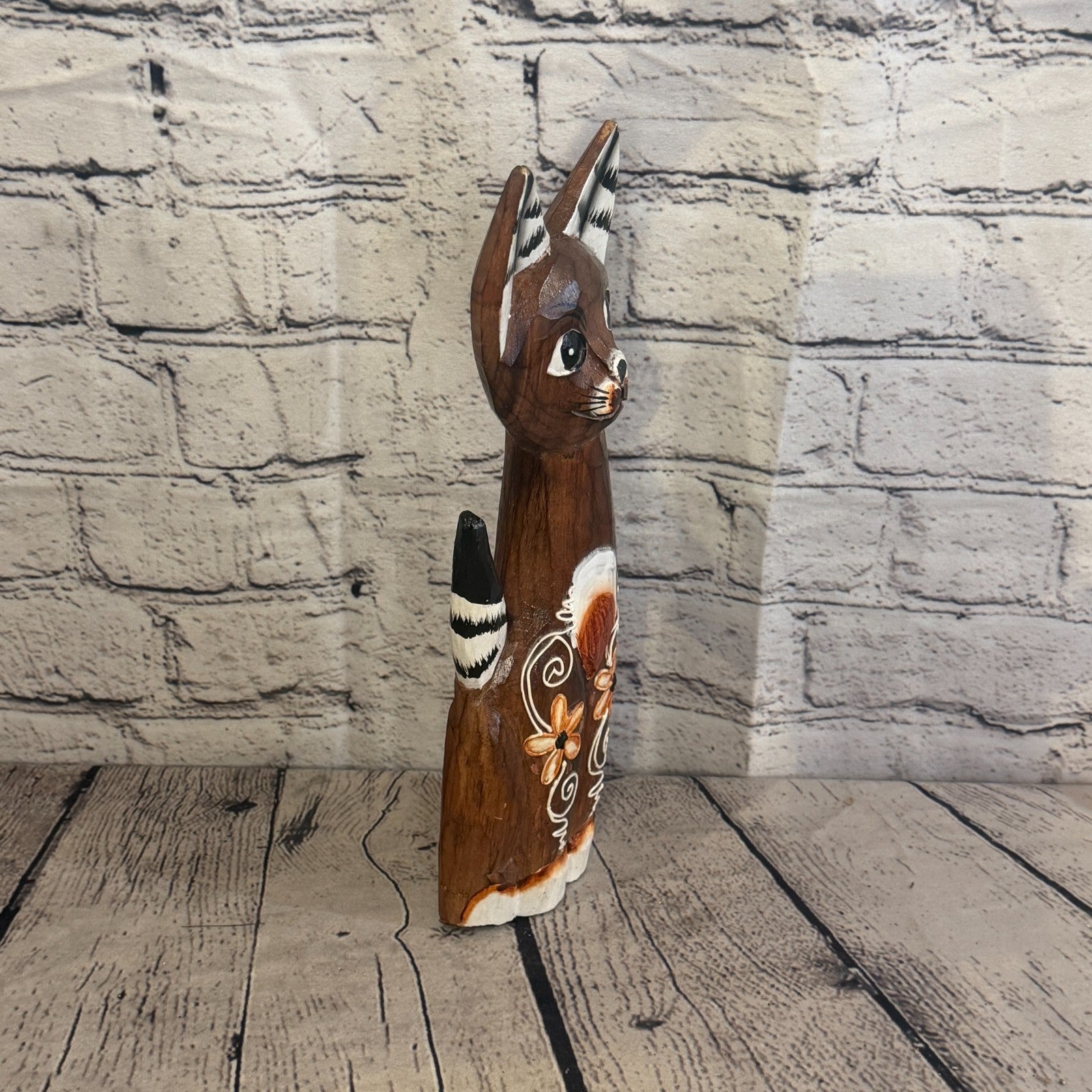 30cm Brown Flower Wooden Shabby Cat Statue Ornament Fair Trade Handcarved2