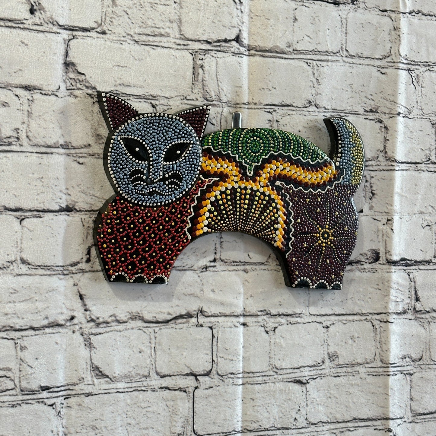 30cm Cat Carved Wooden Dot Painted Ethnic Tribal Tiki Wall Art Handmade No 21