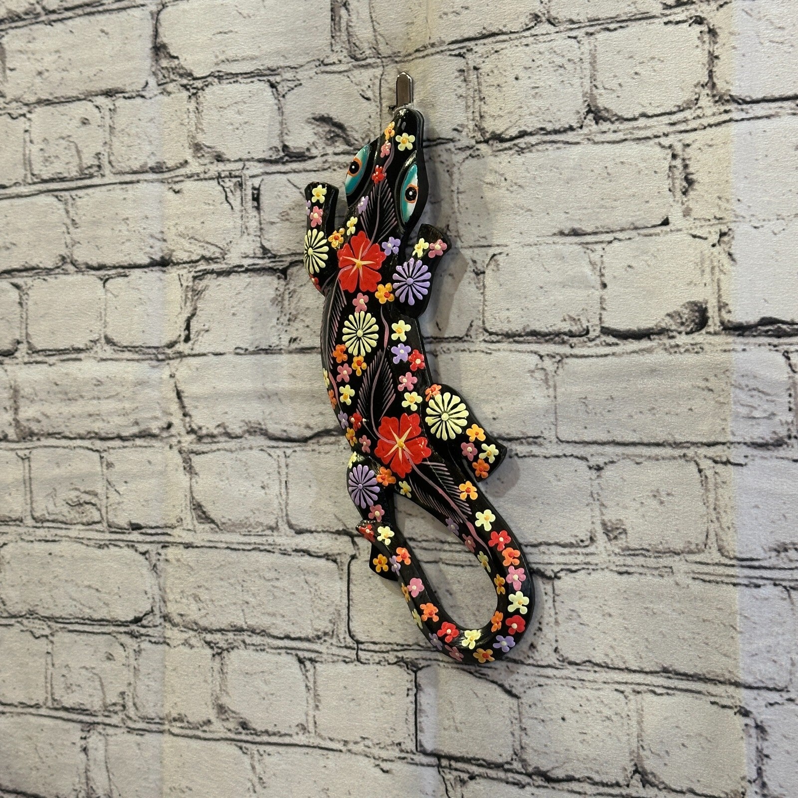 30cm Gecko Lizard Black Flower Wood Wall Hanging Wooden Ornaments Carving1