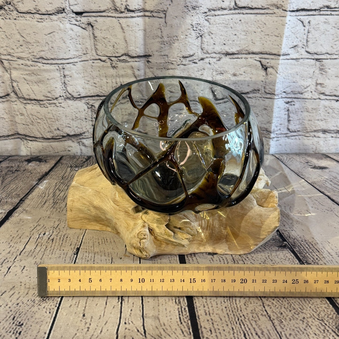 30cm Long Brown Streak Melted Glass Wood Decorative Bowl Glass Sculpture Crafted5