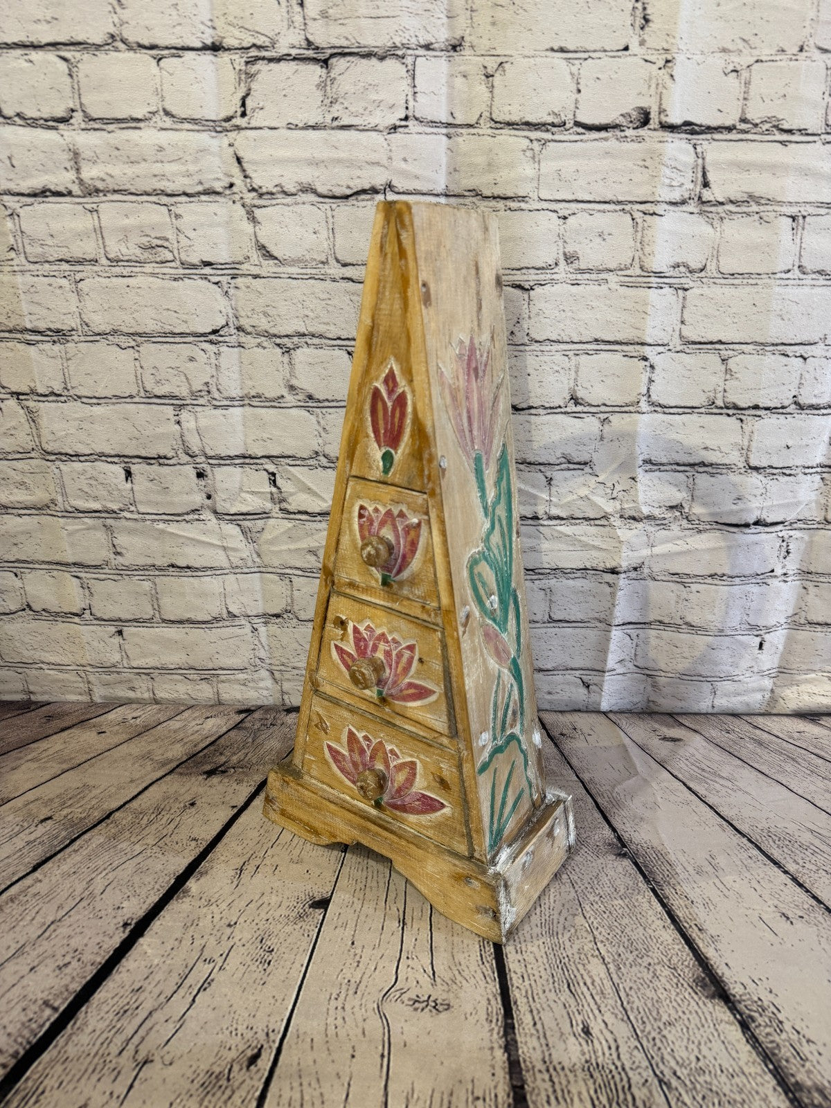 50cm x 22cm Flower 3 Draw Pyramid Wooden Side Cabinet Living Storage Furniture0